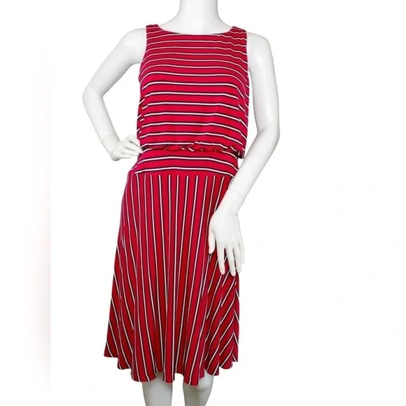 Ann Taylor Loft Women's Red, Black & Red Sleeveless Striped Dress Size MP - Picture 3 of 11